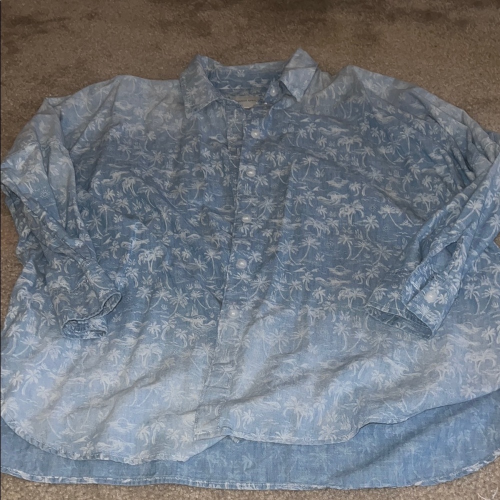Blue Palm Tree Print Button-Up Shirt